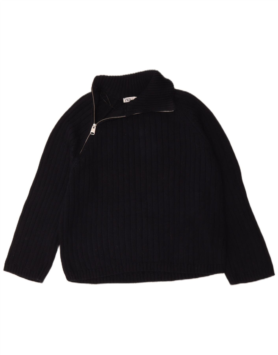 Zara Herren-Pullover mit normaler Passform und Reißverschluss, Größe S, marineblaue Baumwolle