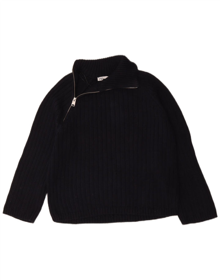Zara Herren-Pullover mit normaler Passform und Reißverschluss, Größe S, marineblaue Baumwolle