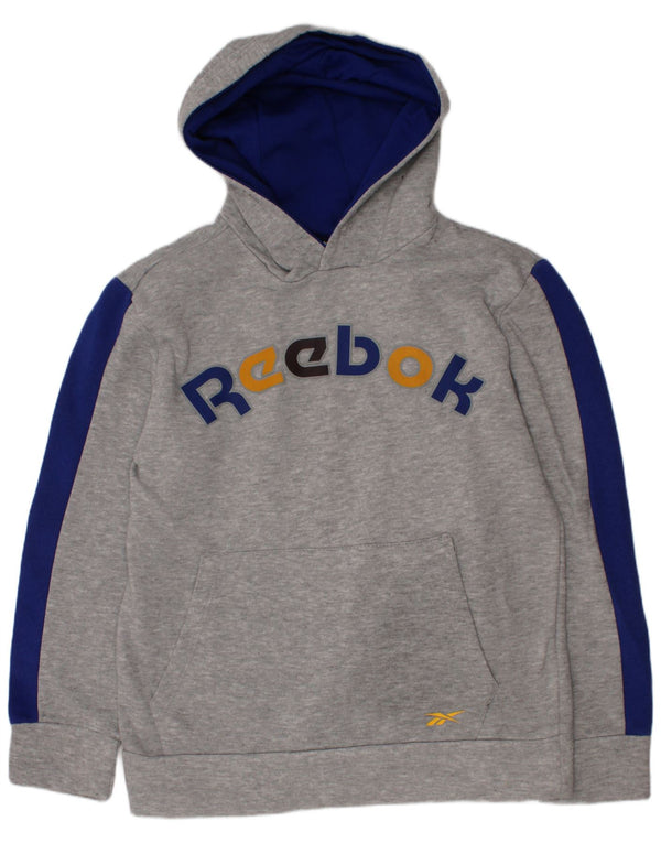 Reebok Jungen-Pullover mit grafischem Kapuzenpullover, 9–10 Jahre, graue Farbblock-Baumwolle