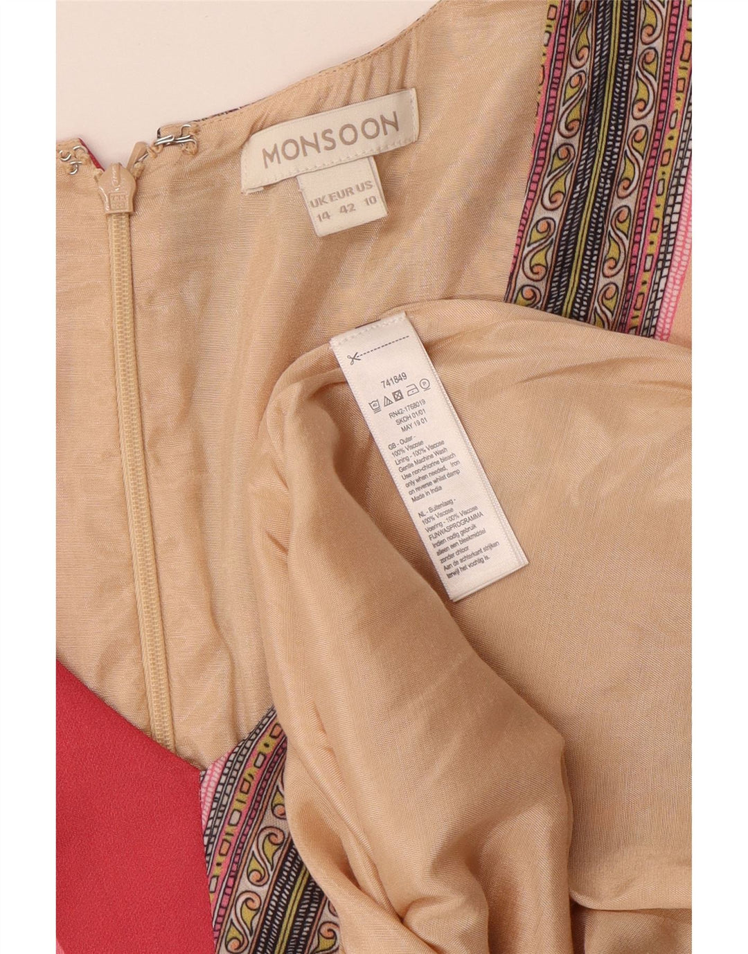 MONSOON Damen Asymmetrisches Kleid UK 14 Großes mehrfarbiges Patchwork