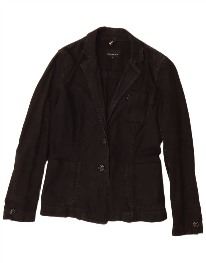 Calvin Klein Jeans Damen 2-Knopf-Blazerjacke UK 14 Große schwarze Baumwolle