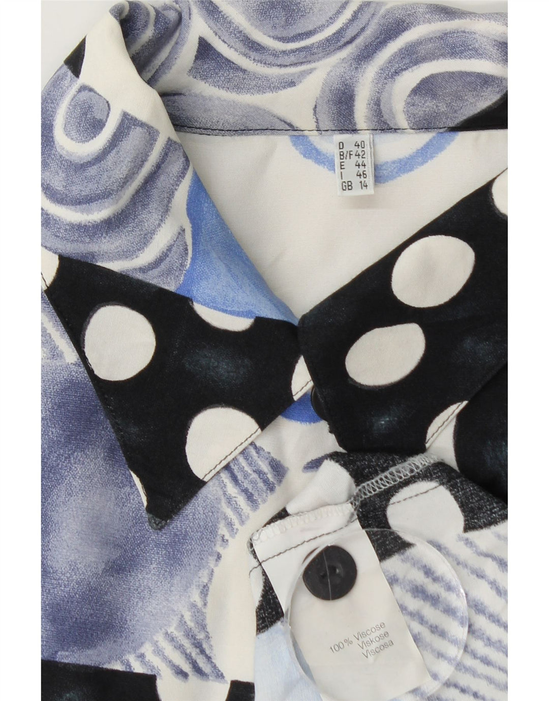 Vintage Damen Kurzarm-Hemdbluse UK 14 Große blaue Patchwork-Viskose