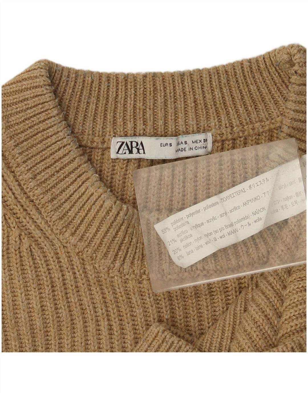 Zara Herren-Pullover mit Rundhalsausschnitt, klein, beige, Polyester
