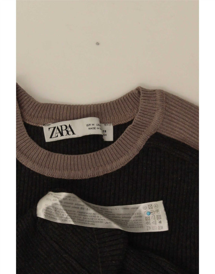Zara Damen Crop Top Langarm UK 12 Mittelgraue Colourblock-Viskose