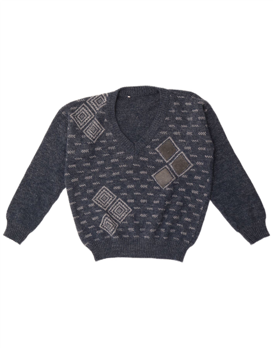 Vintage Herren V-Ausschnitt Pullover Pullover Medium Marineblau Geometrisch