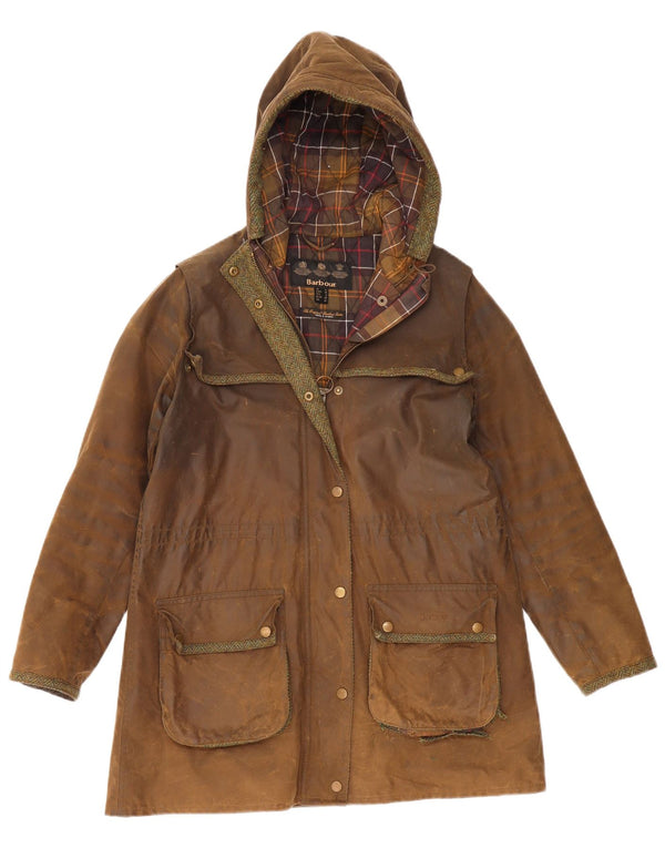 Barbour Womens Hooded Waxed Cotton Jacket UK 12 Medium Brown Cotton