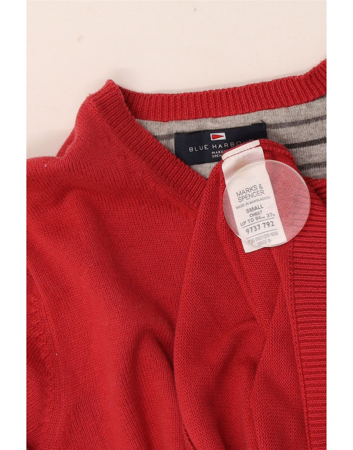 Marks & Spencer Herren Blauer Harbor-Pullover mit U-Boot-Ausschnitt, Größe S, rote Baumwolle