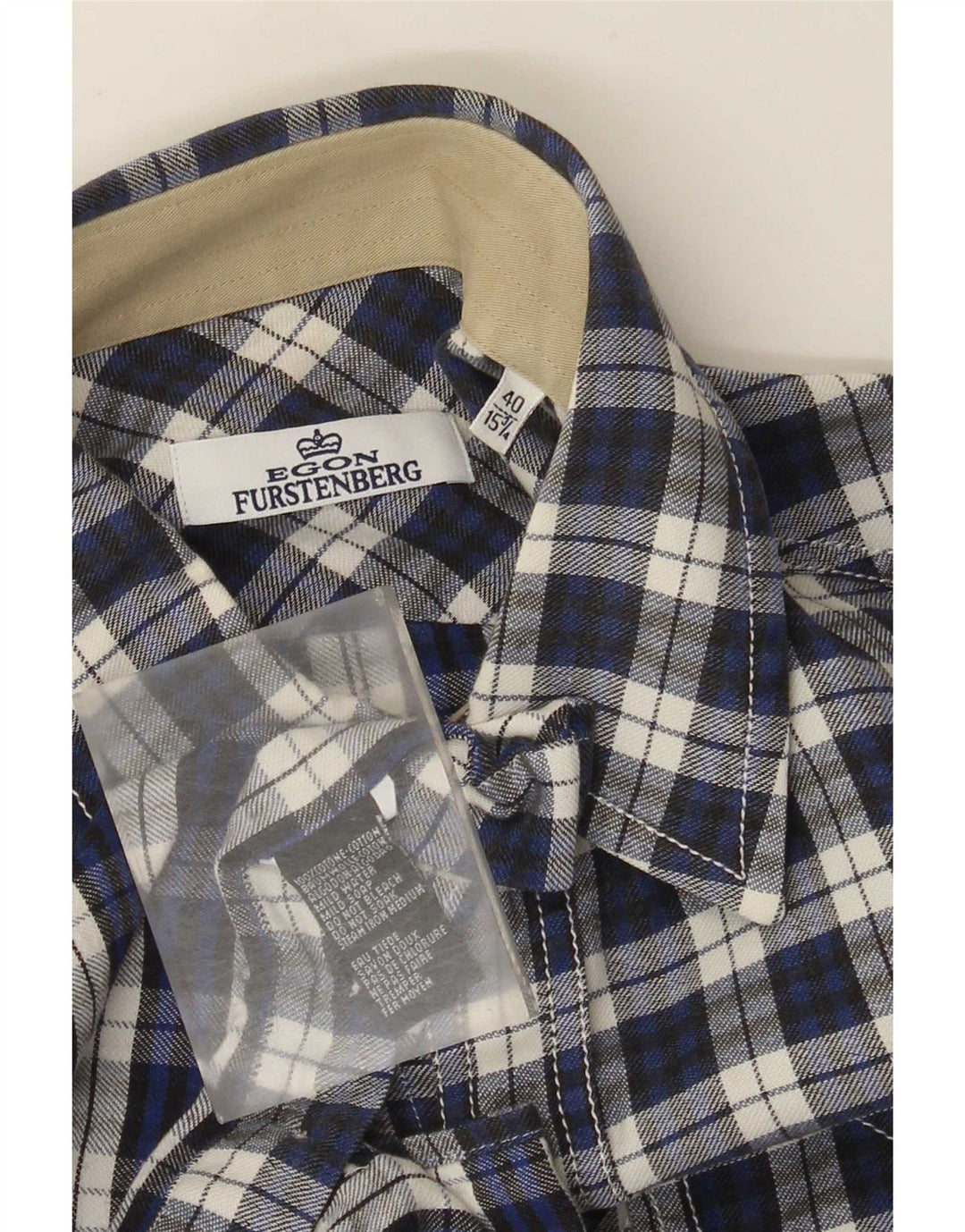 Egon Furstenberg Herren Flanellhemd Größe 40 15 3/4 Mittelblau kariert