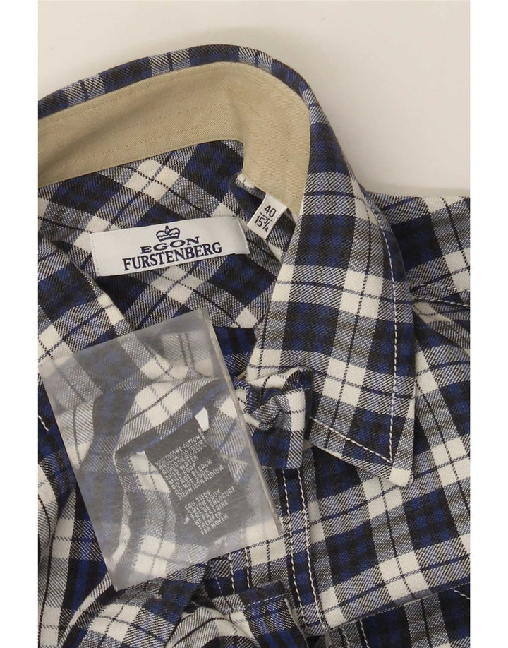 Egon Furstenberg Herren Flanellhemd Größe 40 15 3/4 Mittelblau kariert