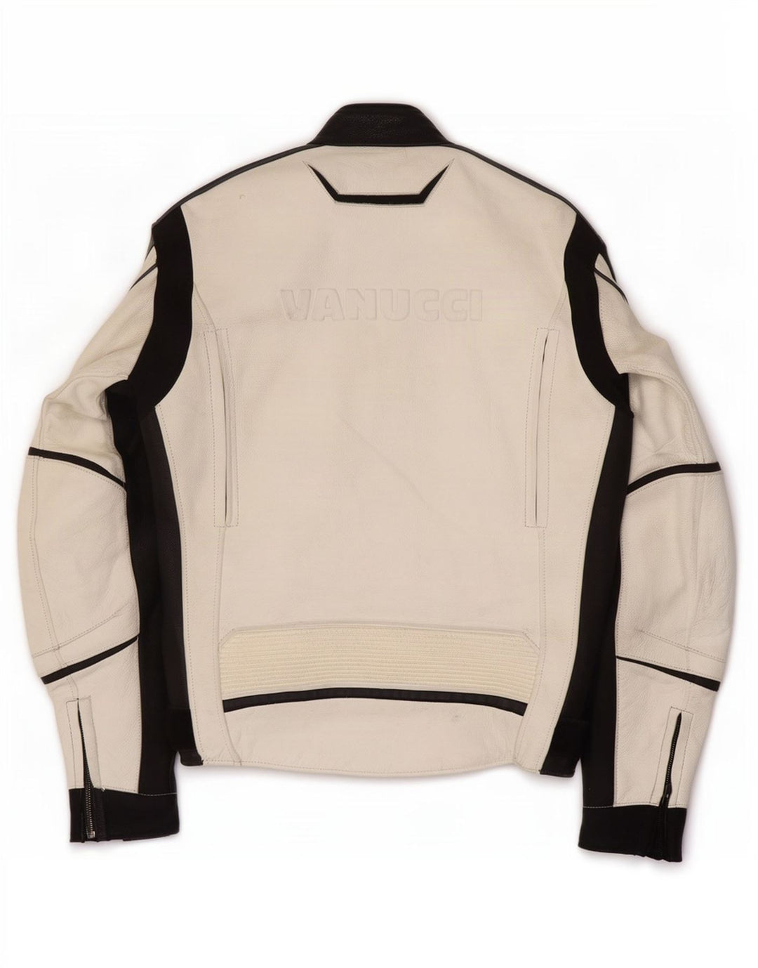 Vanucci Herren-Racerjacke aus grafischem Leder, EU 48, Größe S, Weiß, Farbblock