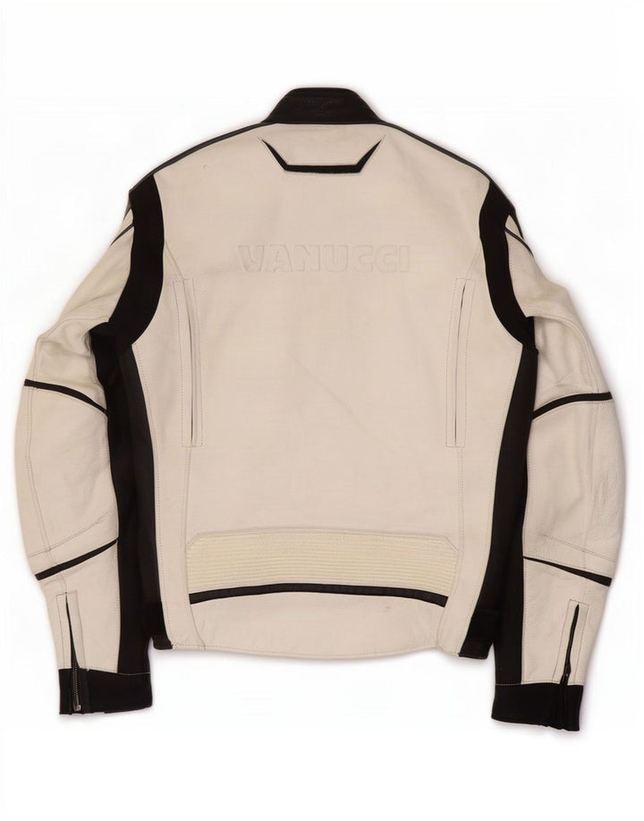 Vanucci Herren-Racerjacke aus grafischem Leder, EU 48, Größe S, Weiß, Farbblock