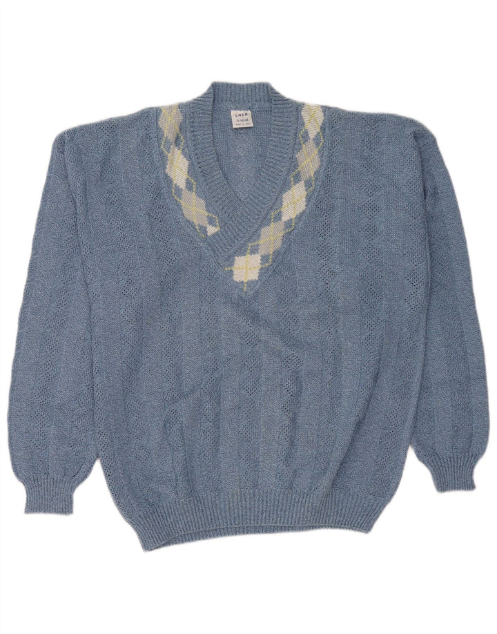 Lasa Damen-Pullover mit V-Ausschnitt, Gr. 46/48, groß, Blau Argyle/Diamant