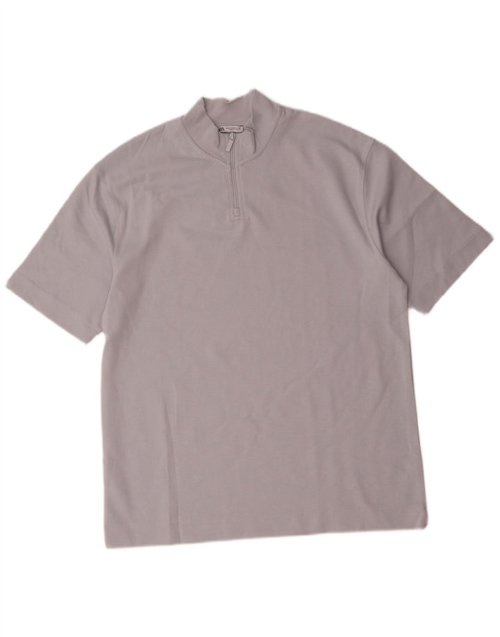 Zara Herren-T-Shirt mit Reißverschluss am Hals, mittelblaue Baumwolle