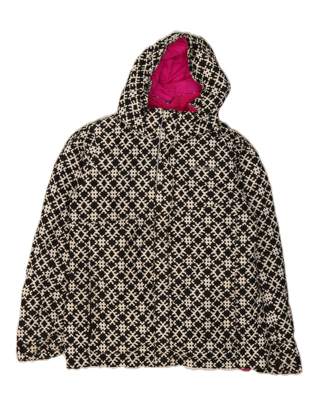 COLUMBIA Girls Abstract Pattern Rain Jacket 14-15 Years Large Black Vintage Columbia and Second-Hand Columbia from Messina Hembry 
