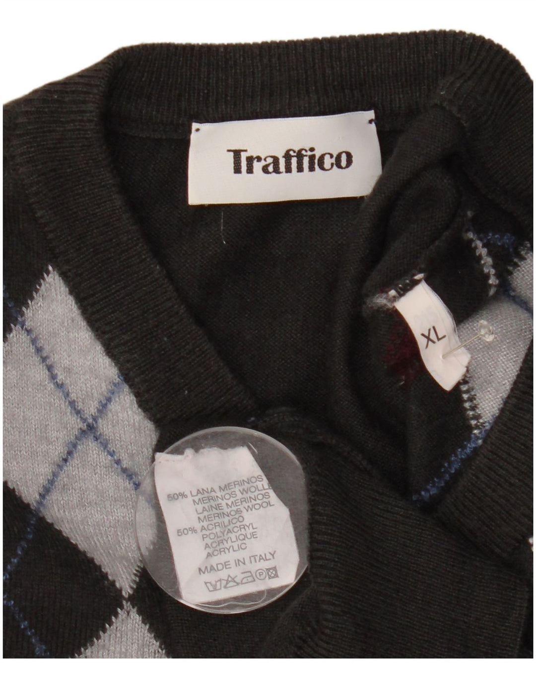 Vintage Herren Pullover mit V-Ausschnitt XL Grau Argyle/Diamond Wool