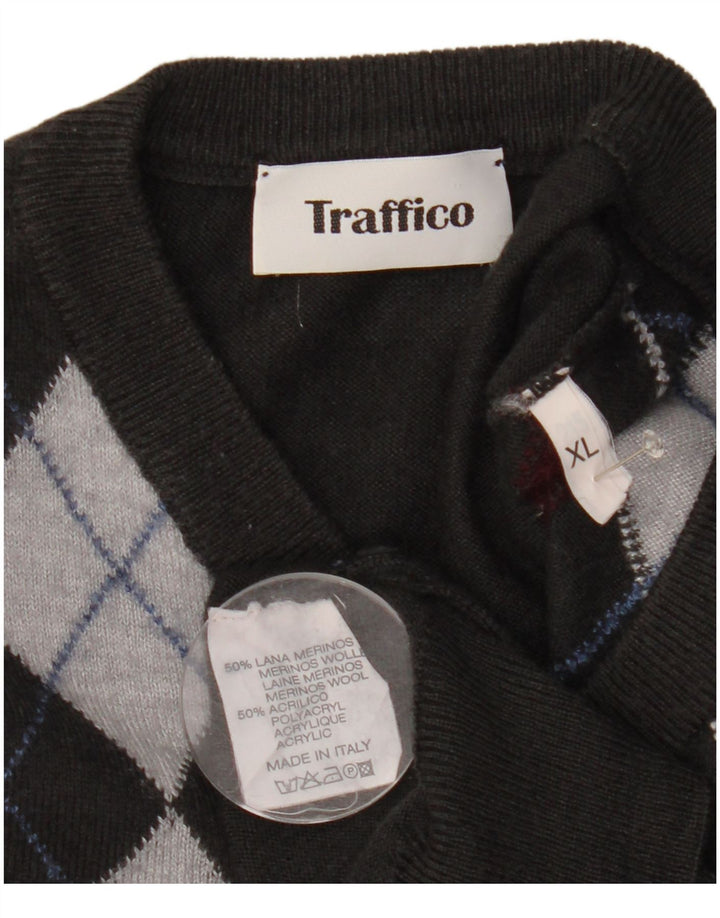 Vintage Herren Pullover mit V-Ausschnitt XL Grau Argyle/Diamond Wool