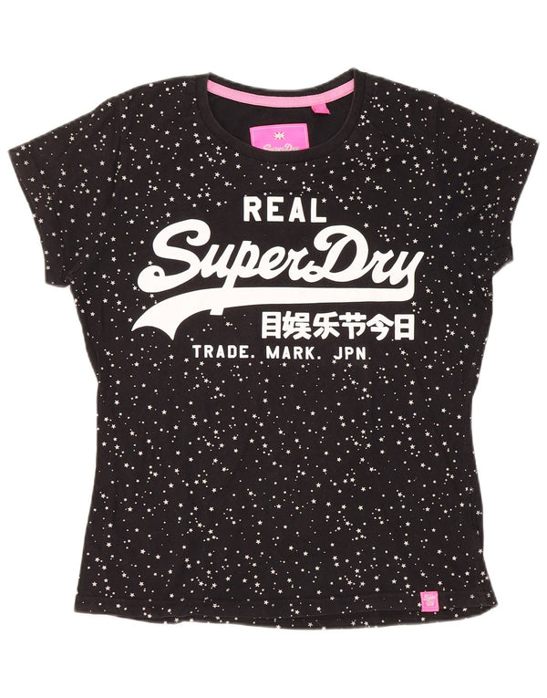 Superdry Damen Grafik-T-Shirt-Oberteil UK 14 Large Schwarz gefleckt