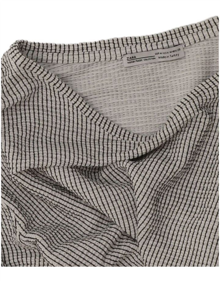 Zara Damen Crop Top Langarm UK 14 Mittelgrau Nadelstreifen