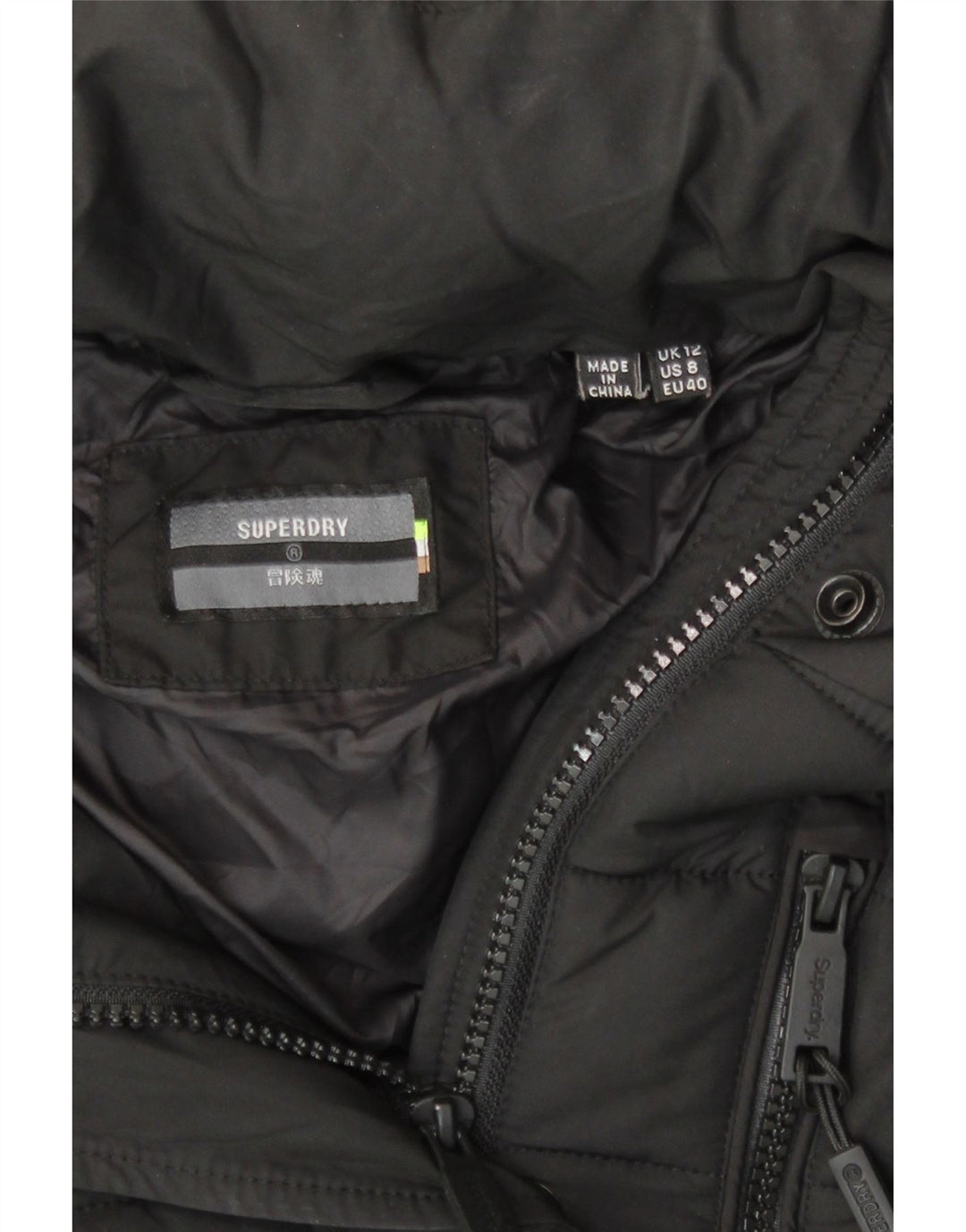 Superdry Wattierte Damenjacke mit Kapuze, UK 12, Mittelschwarz, Polyester