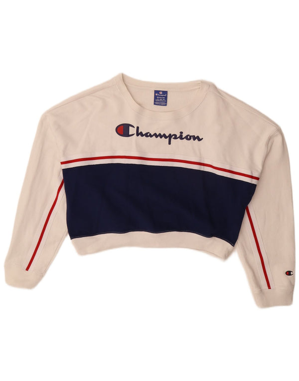 Champion Damen Crop Sweatshirt Pullover UK 14 Mittelweiß Farbblock