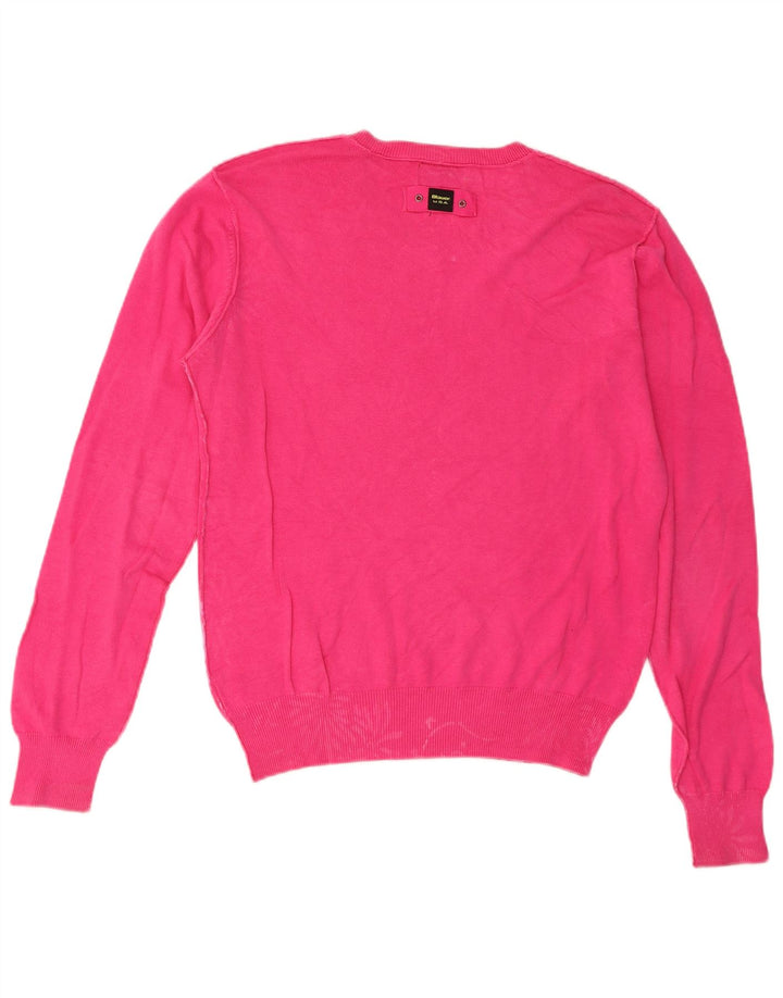 Blauer Damen-Pullover mit V-Ausschnitt, UK 14, mittelrosa, Baumwolle