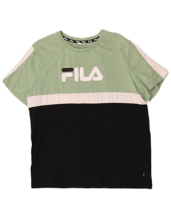 Fila Damen Grafik-T-Shirt-Oberteil UK 18 XL Grüne Colourblock-Baumwolle