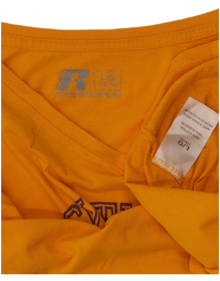 RUSSELL ATHLETIC Womens Graphic Top Long Sleeve US 12/14 Large Yellow
