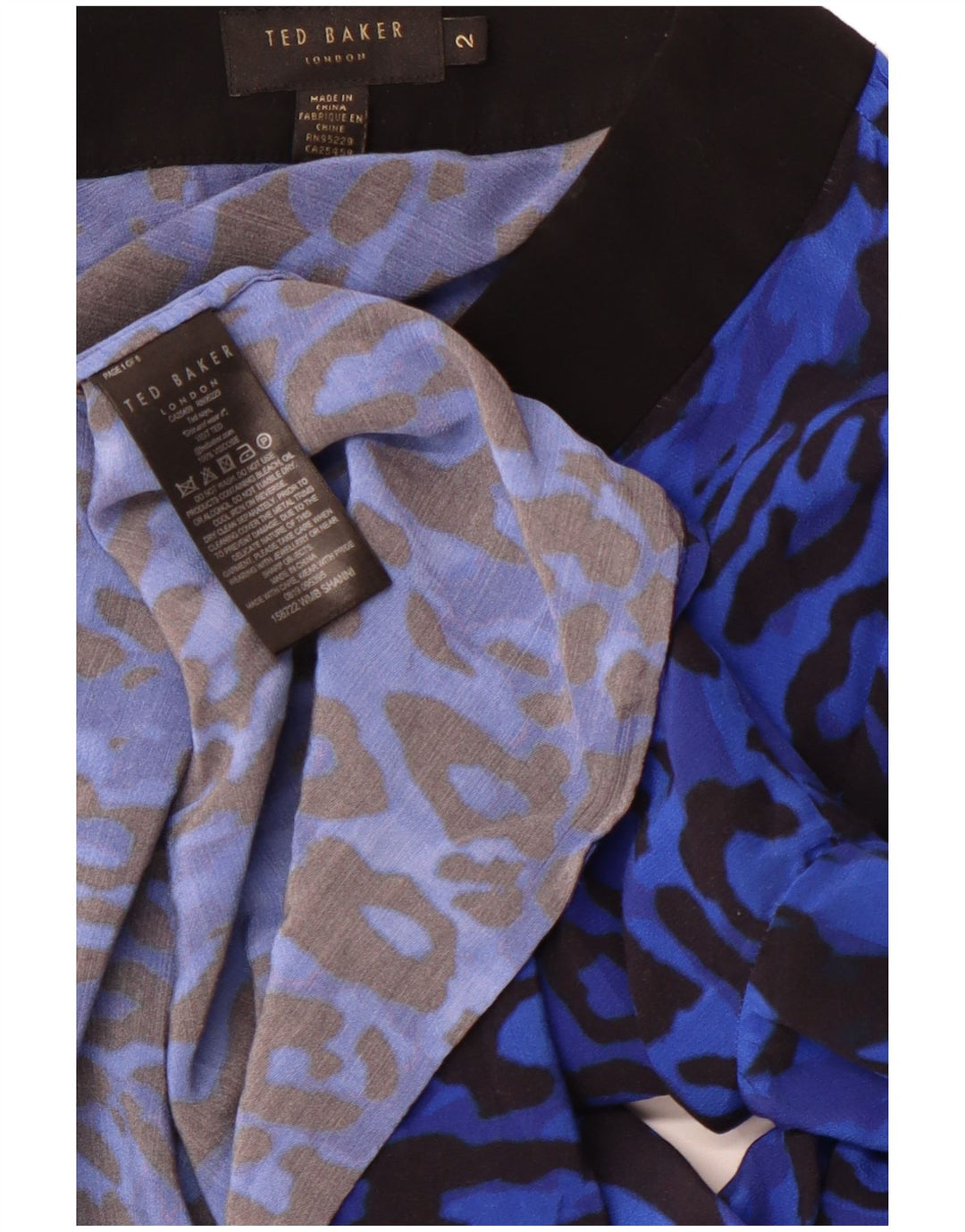 TED BAKER Langarm-Blusenoberteil für Damen, Größe 2, kleines blaues Tiermuster