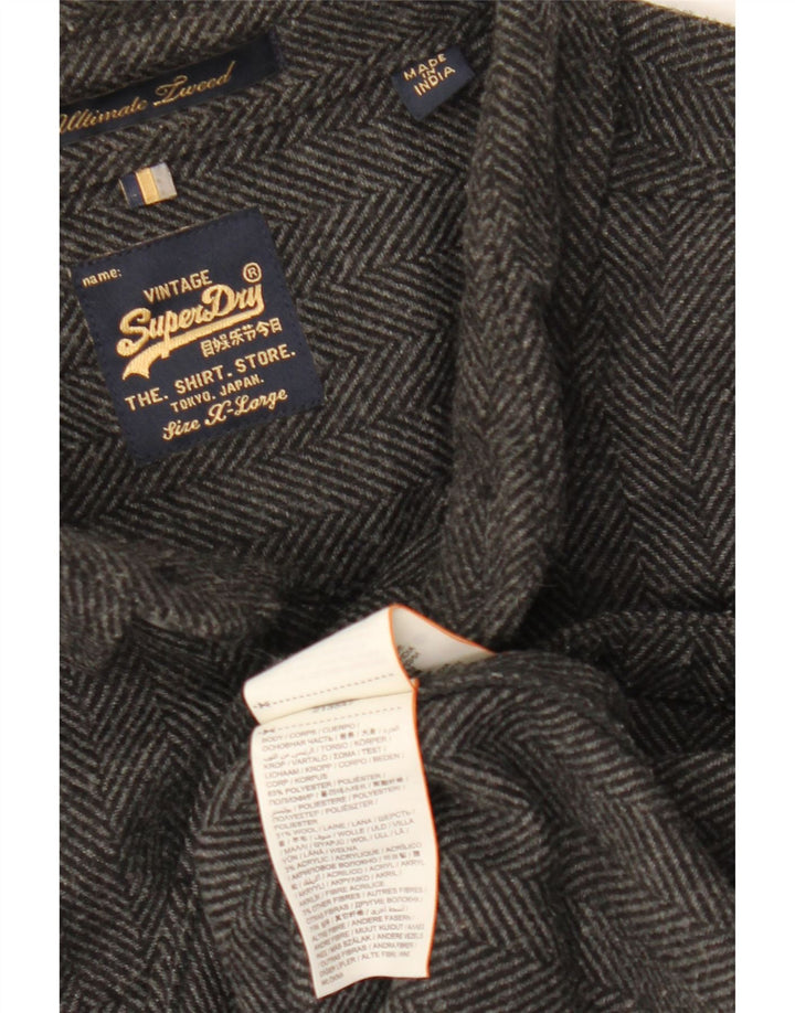SUPERDRY Herren-Flanellhemd XL, graues Fischgrätenmuster aus Polyester