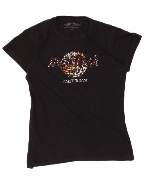 Hard Rock Cafe Damen Amsterdam Graphic T-Shirt Top UK 12 Medium Schwarz
