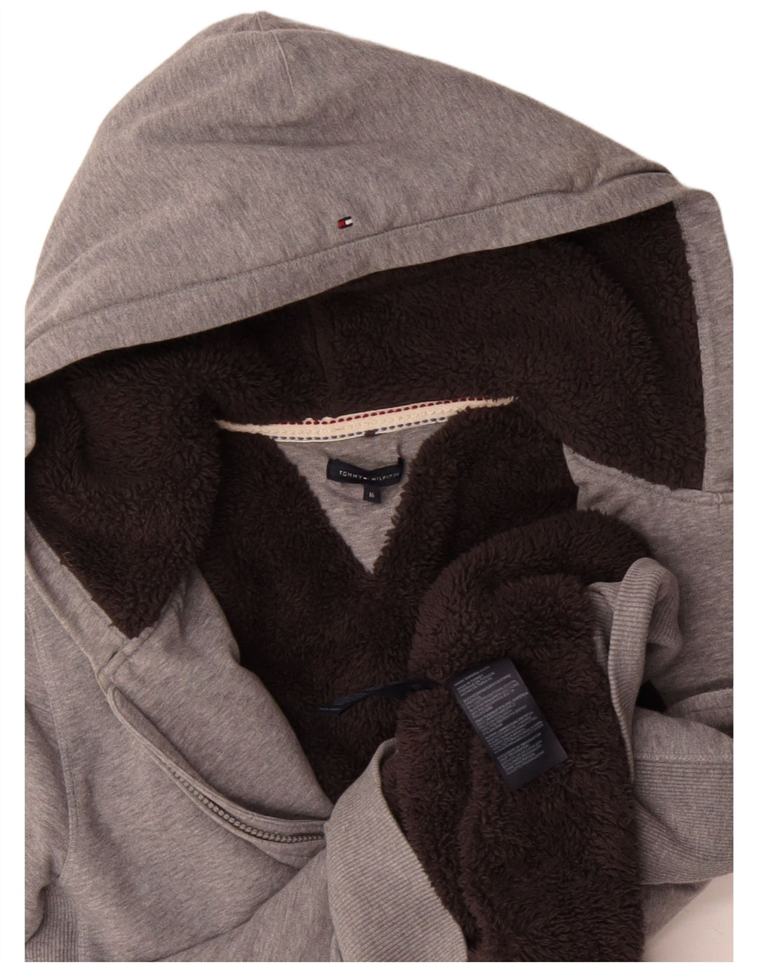 Tommy Hilfiger Jungen-Sherpa-Kapuzenpullover mit Reißverschluss, 15–16 Jahre, graue Baumwolle