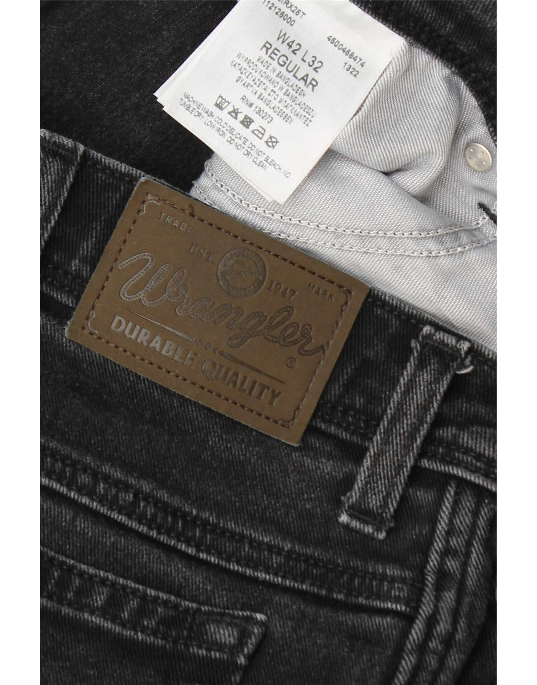 Wrangler Herren Regular Straight Jeans W42 L32 Graue Baumwolle
