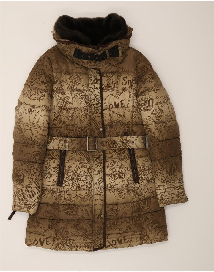 DESIGUAL Womens Abstract Pattern Graphic Wattierter Mantel EU 38 Mittelbraun