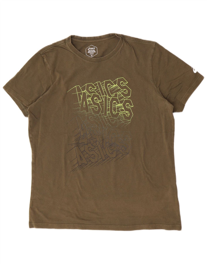 Asics Herren Grafik T-Shirt Top Large Khaki Baumwolle