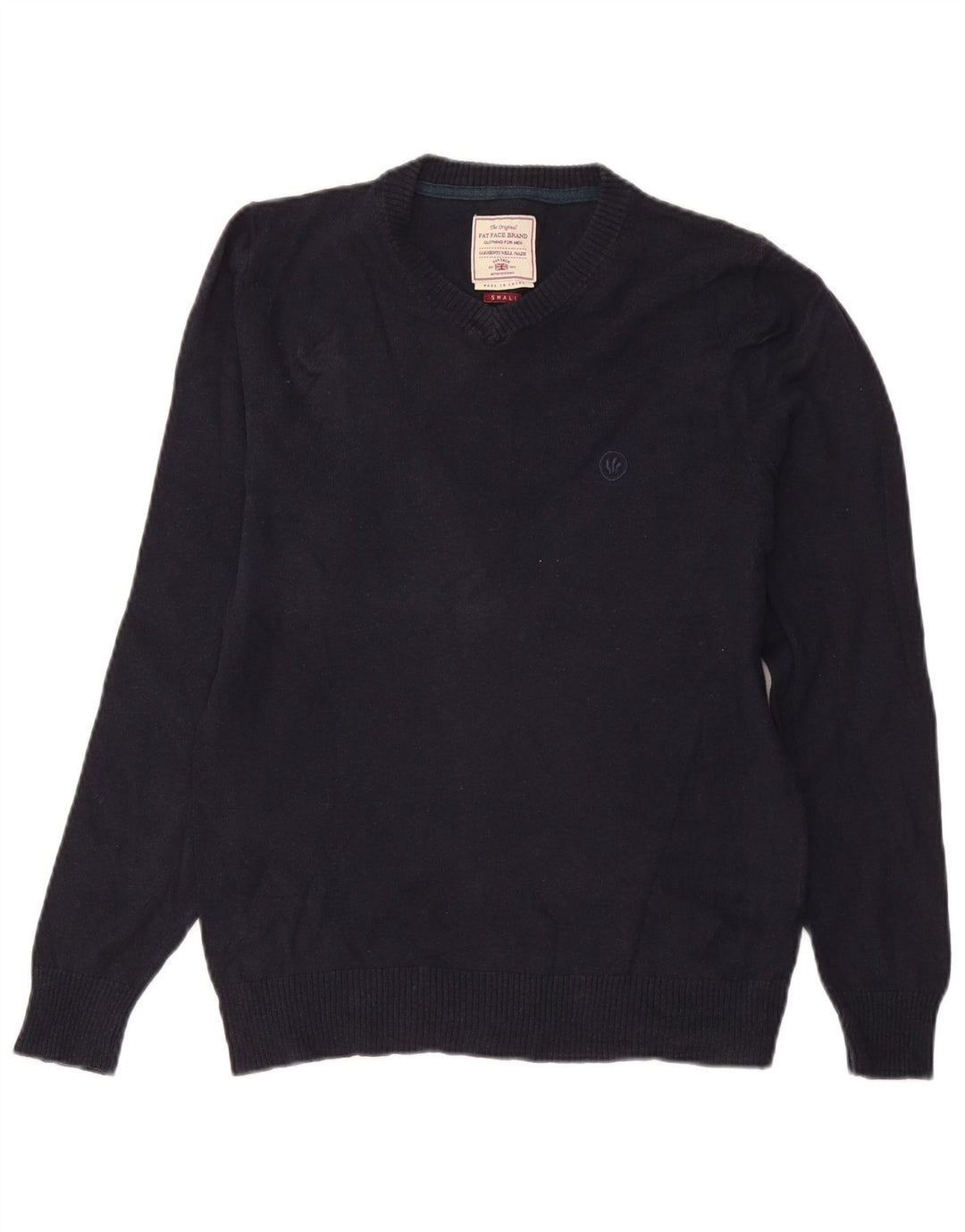 Fat Face Herren-Pullover mit V-Ausschnitt, Größe S, marineblaue Baumwolle
