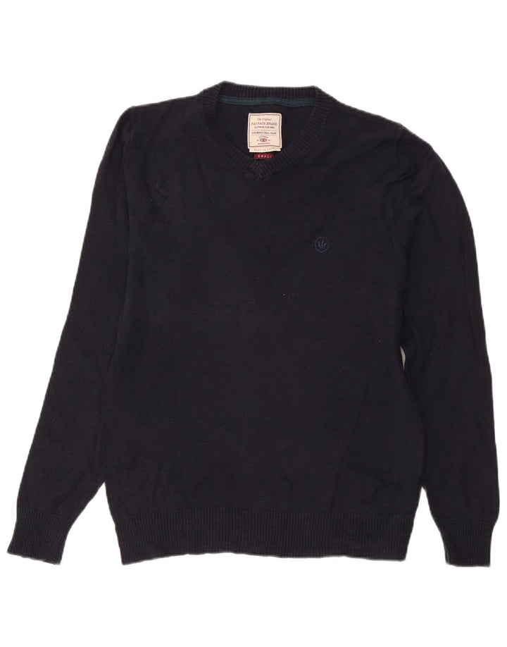 Fat Face Herren-Pullover mit V-Ausschnitt, Größe S, marineblaue Baumwolle