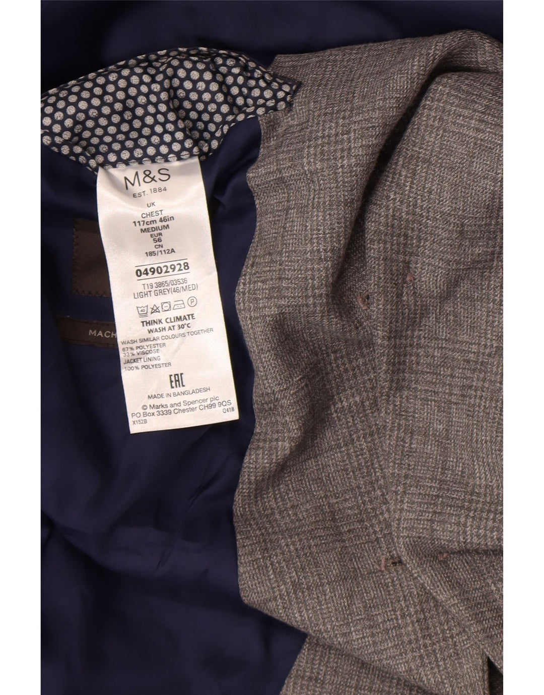 Marks & Spencer Herren-Blazer mit 2 Knöpfen, UK 46, XL, grau kariert, Polyester