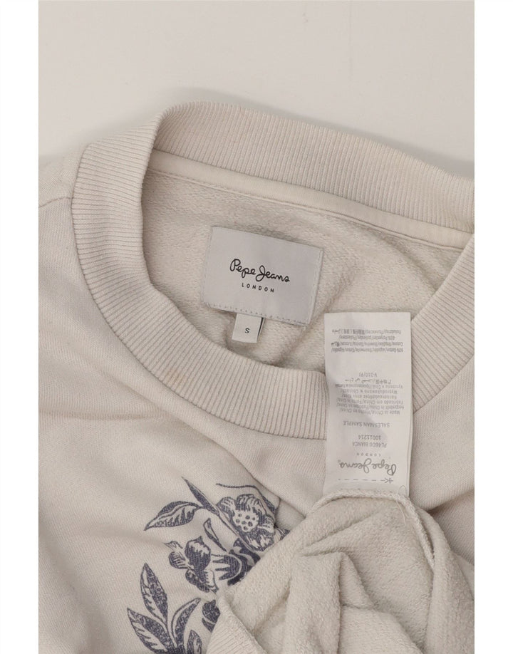 PEPE JEANS Womens Graphic Oversized Sweatshirt Jumper UK 10 Small White Vintage PEPE Jeans and Second-Hand PEPE Jeans from Messina Hembry 