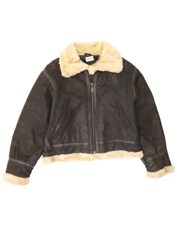 Esisto Damen-Sherpa-Lederjacke mit lockerer Passform, UK 10, Größe S, Braun, Farbblock