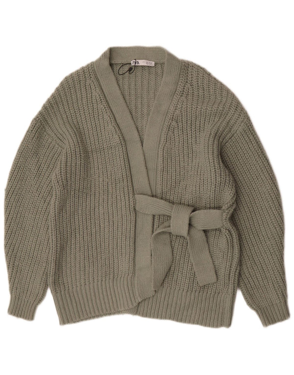 Zara Damen-Strickjacke mit übergroßer Vorderseite und Krawatte, Gr. 10, klein, grünes Acryl