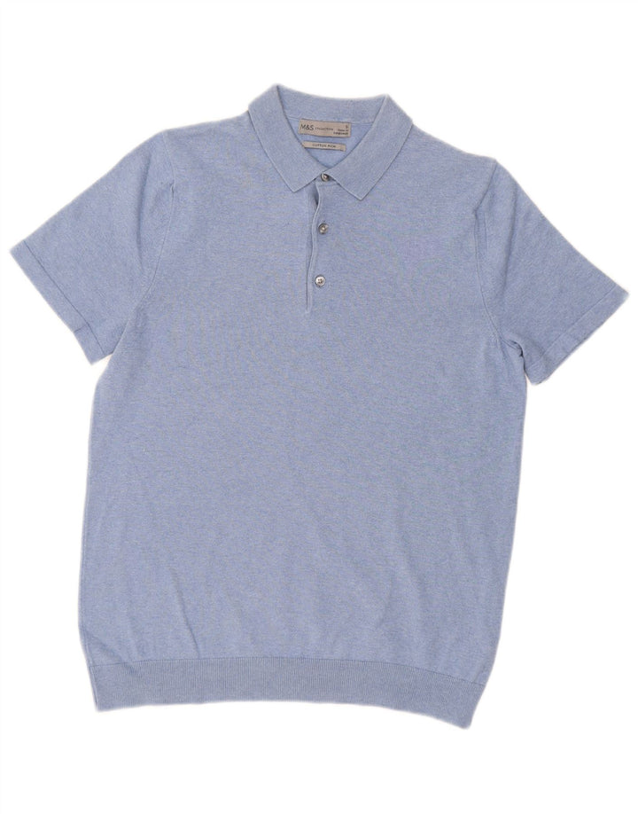 MARKS & SPENCER Mens Short Sleeve Polo Neck Jumper Sweater Small Blue