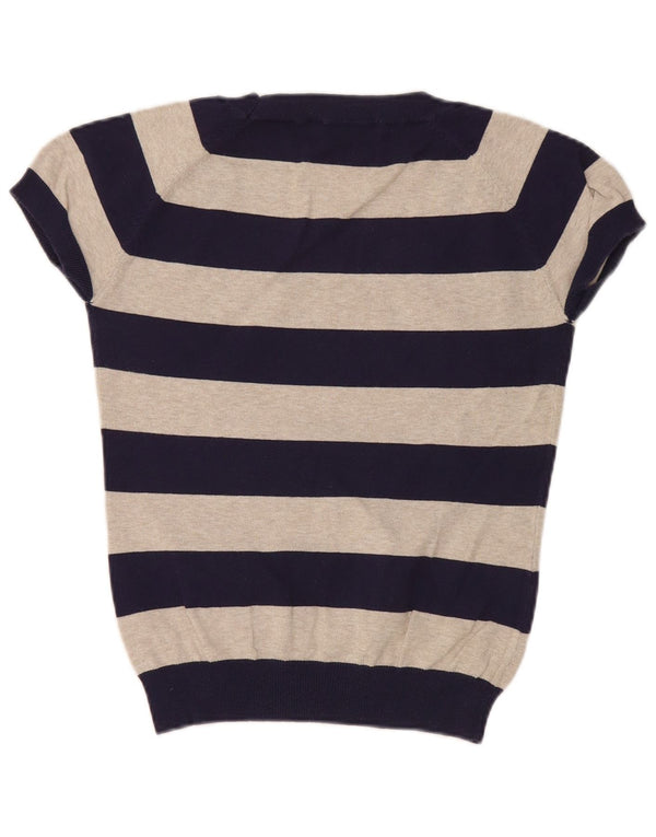 Zara Damen-Pullover mit bauchfreiem U-Boot-Ausschnitt, Gr. 44, Marineblau, gestreift