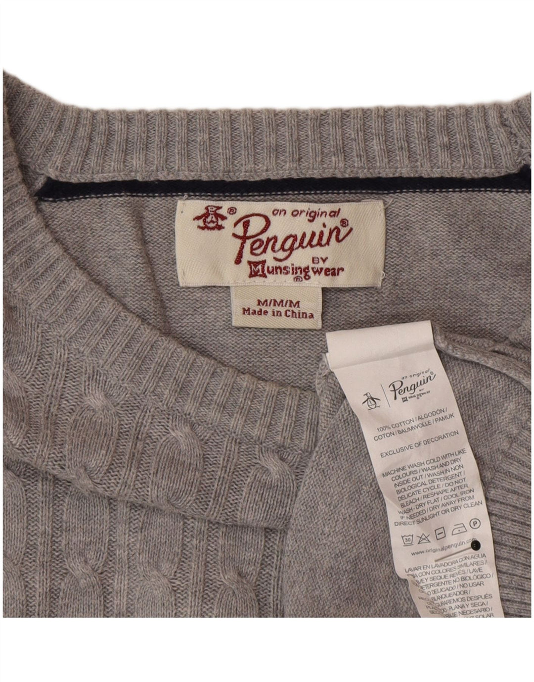 Penguin Herren-Pullover mit U-Boot-Ausschnitt, mittelgraue Baumwolle