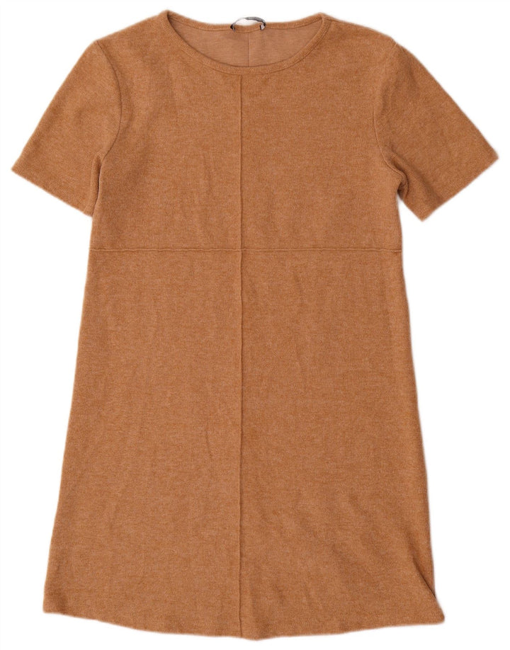 Zara Damen-Etuikleid mit kurzen Ärmeln, UK 12, mittelbeige Baumwolle
