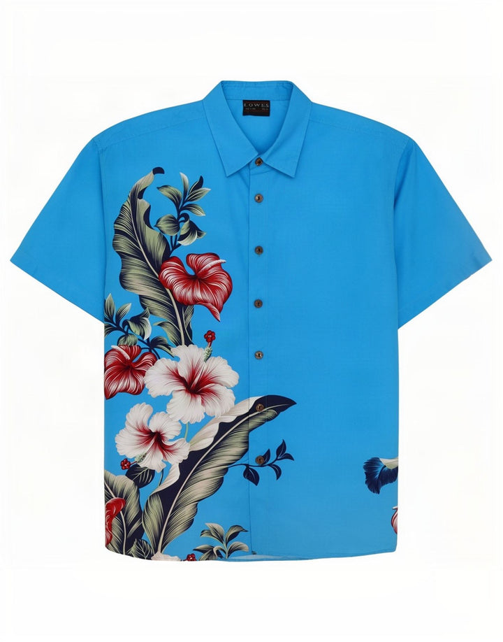 Lowes Herren-Kurzarmhemd 2XL, blau geblümt, Polyester, hawaiianisch