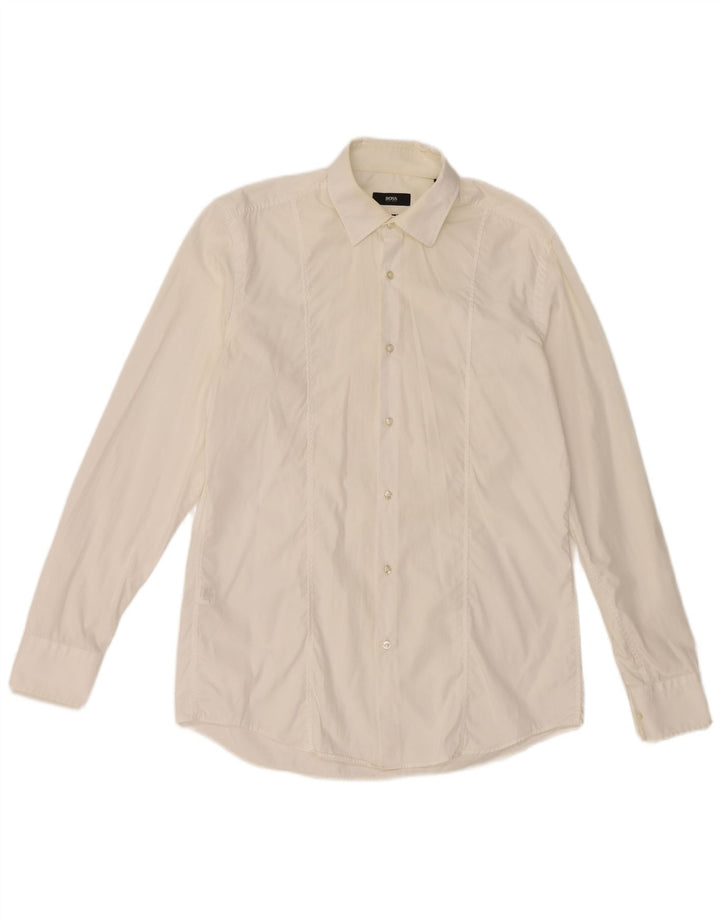 Hugo Boss Herren-Slim-Fit-Hemd, Größe 40, 15 3/4, mittelweiße Baumwolle