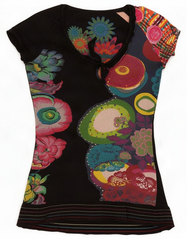 Desigual Womens Graphic T-Shirt Top UK 6 XS Black Floral