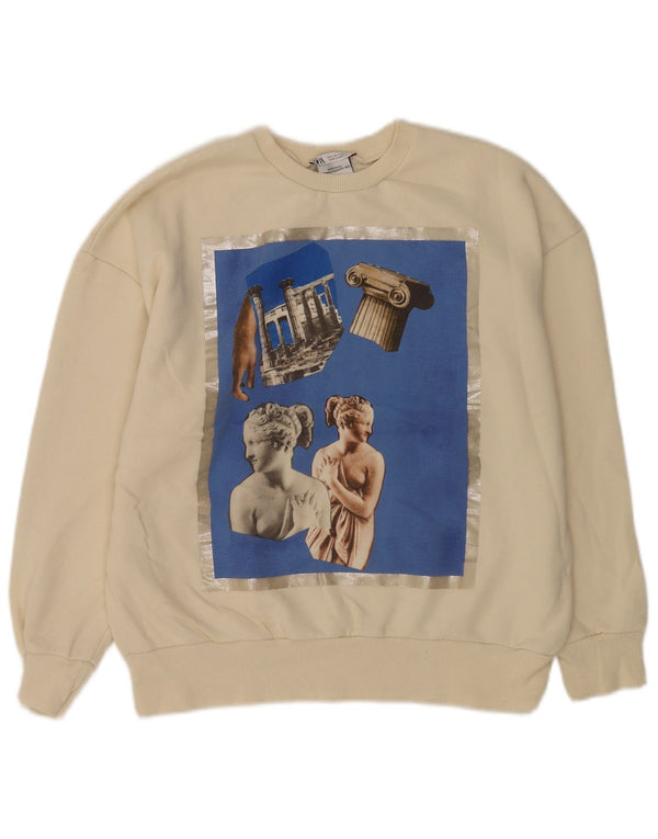 Zara Damen-Sweatshirt mit Grafik, übergroß, Gr. 10, Größe S, gebrochenes Weiß