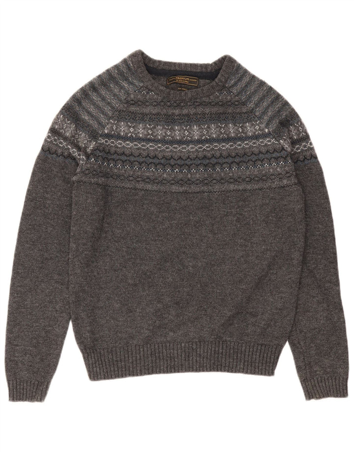 JACK & JONES Herren-Pullover mit U-Boot-Ausschnitt, mittelgraue Fair-Isle-Lammwolle