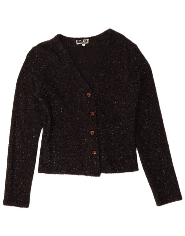 Vintage Damen Crop Cardigan Pullover UK 4 XS Schwarz meliert